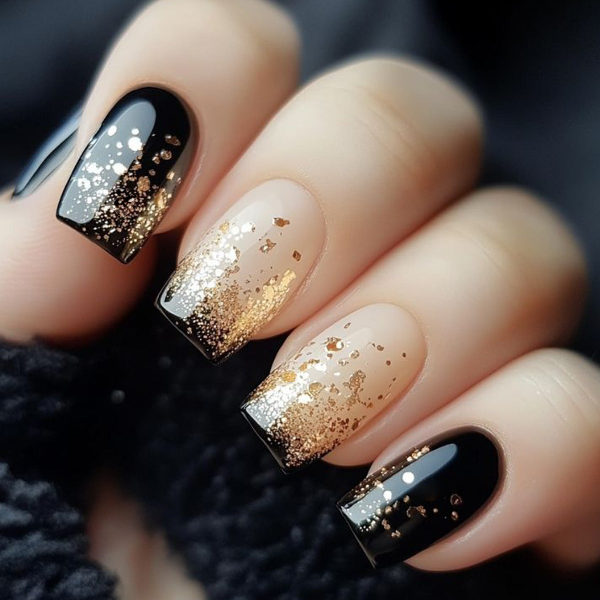 24pcs/Set Black French Tip with Gold Glitter Press-On Nails