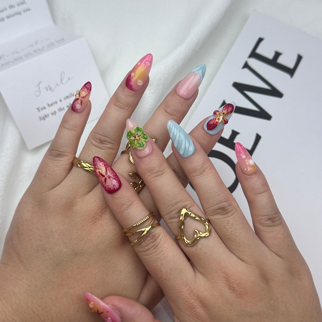 (Handmade) 10pcs/Set Flowers Press-On Nails