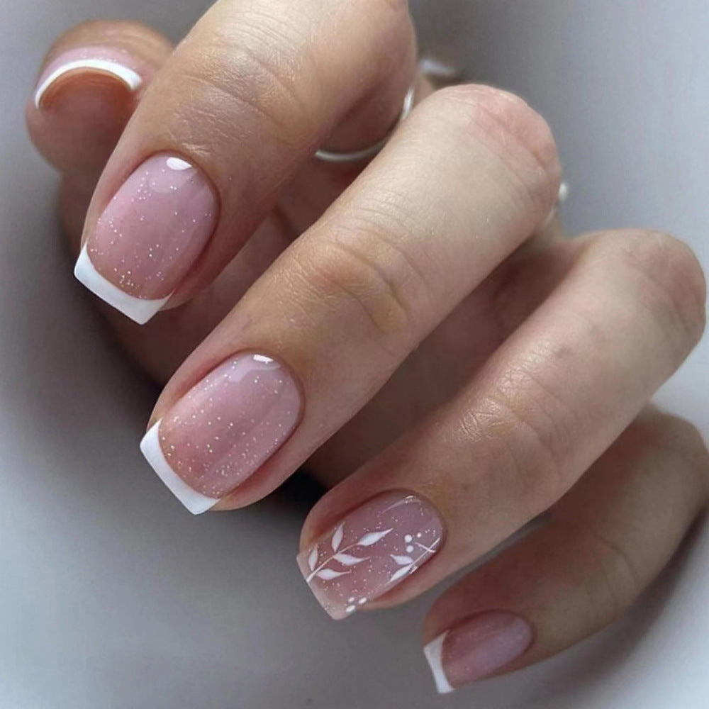 24pcs/Set White Leaf French Tips Short Press On Nails