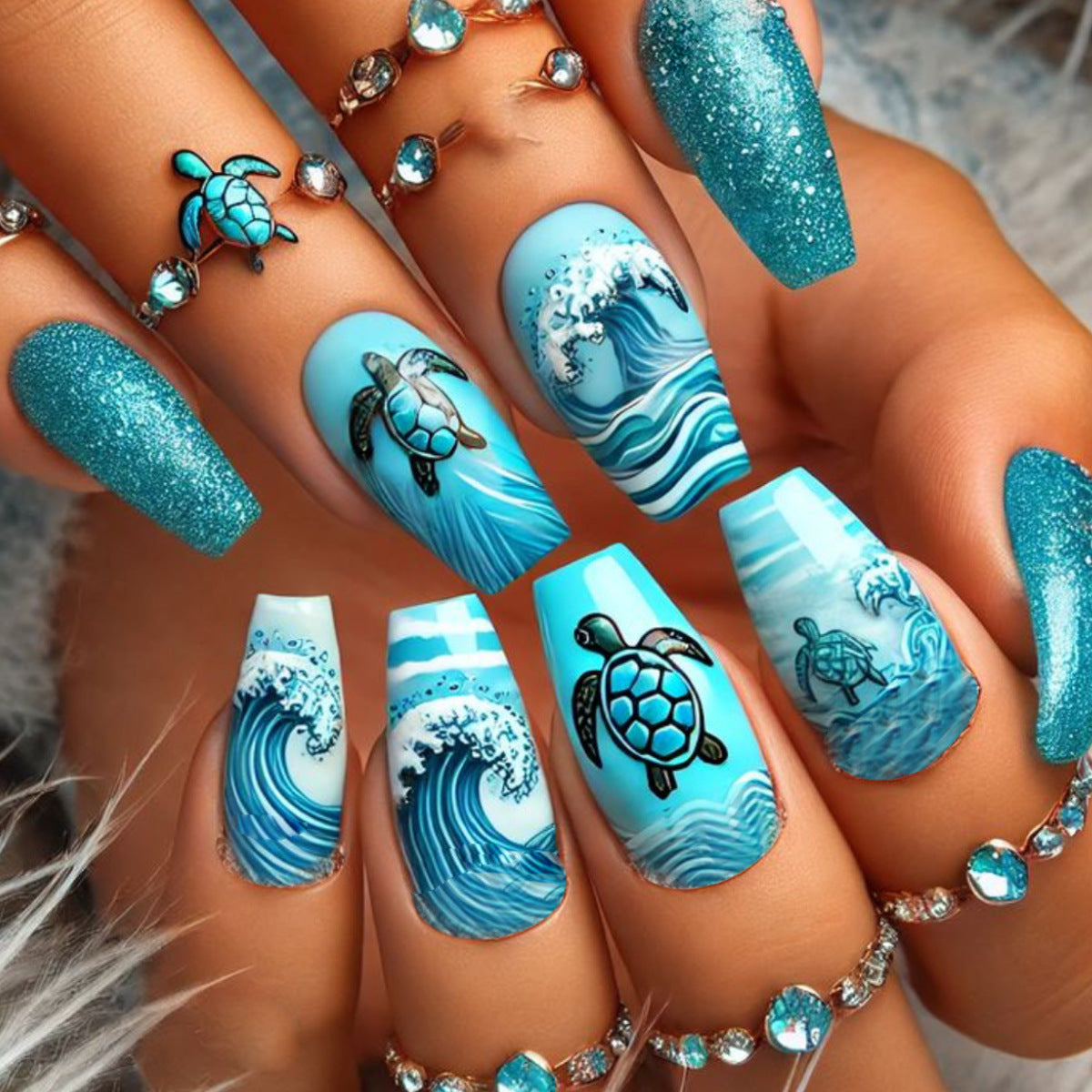 24pcs/Set Blue Ocean Waves & Sea Turtle Press-On Nails