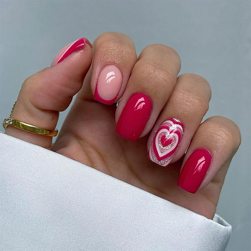 24pcs/Set Red French Heart Glitter Press-On Nails