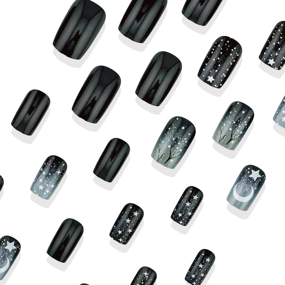 24pcs/Set Black Gradient Snowflake & Starry Night Press-On Nails