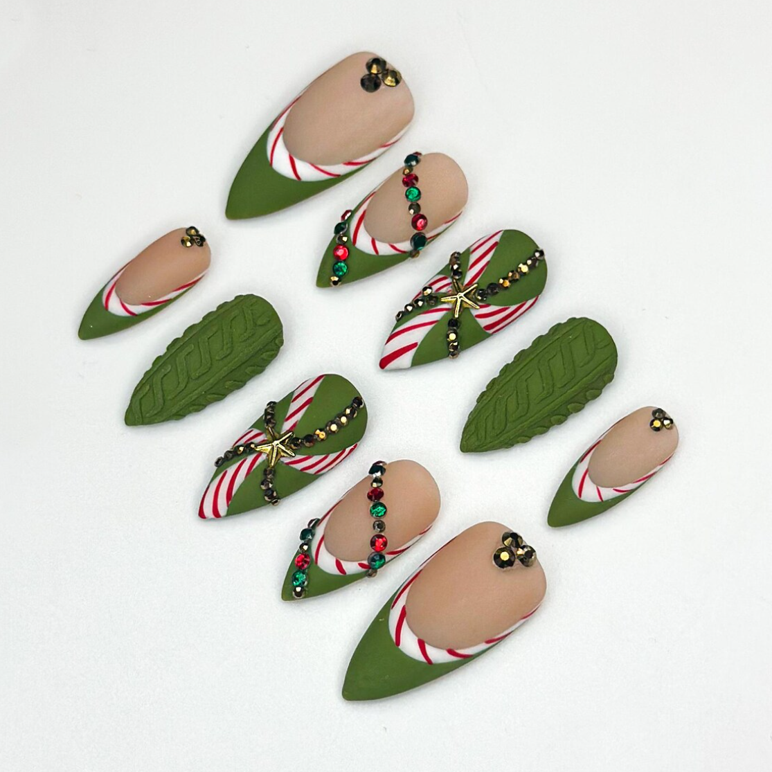 (Handmade) 10pcs/Set Green Matte Candy Cane Christmas Press On Nails