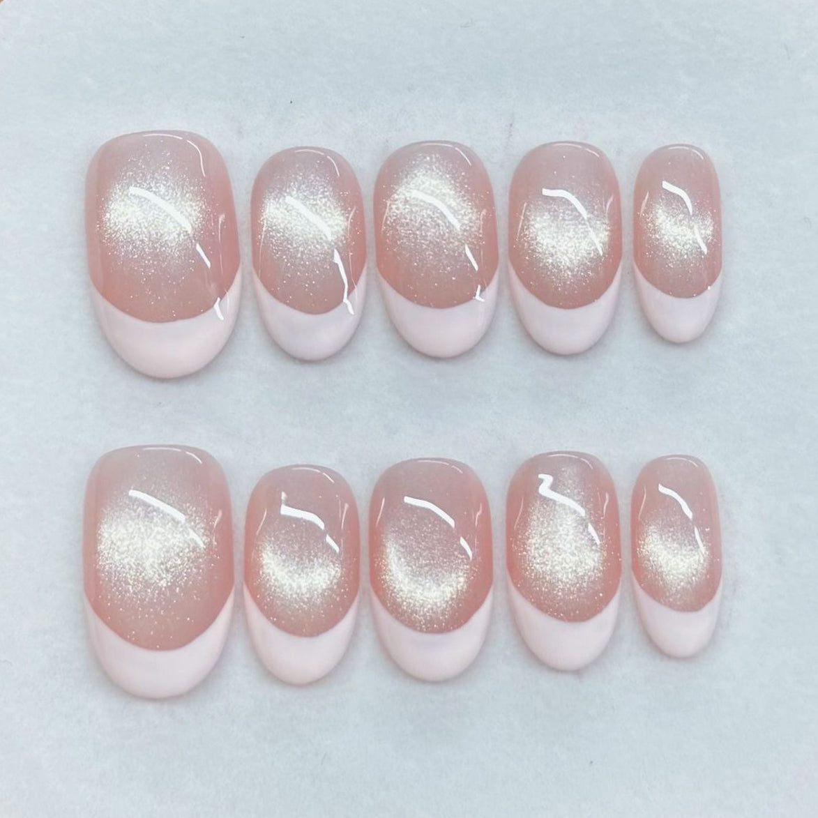 (Handmade) 10pcs/Set French Pink Cat Eye Short Press-On Nails