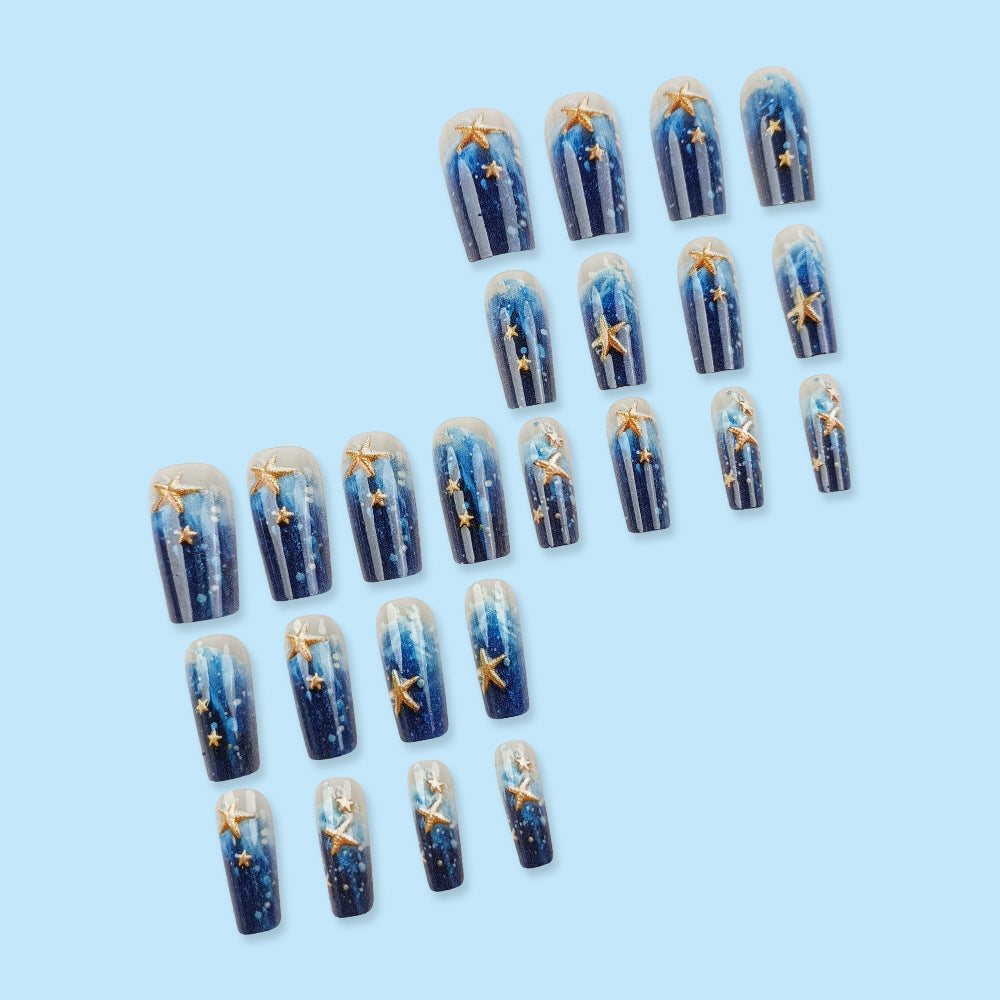 24pcs/Set Blue Ocean Embossed Starfish Press-On Nails