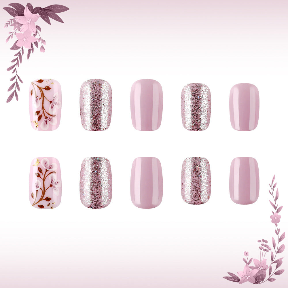 24pcs/Set Purple Glitter Flowers Press-On Nails