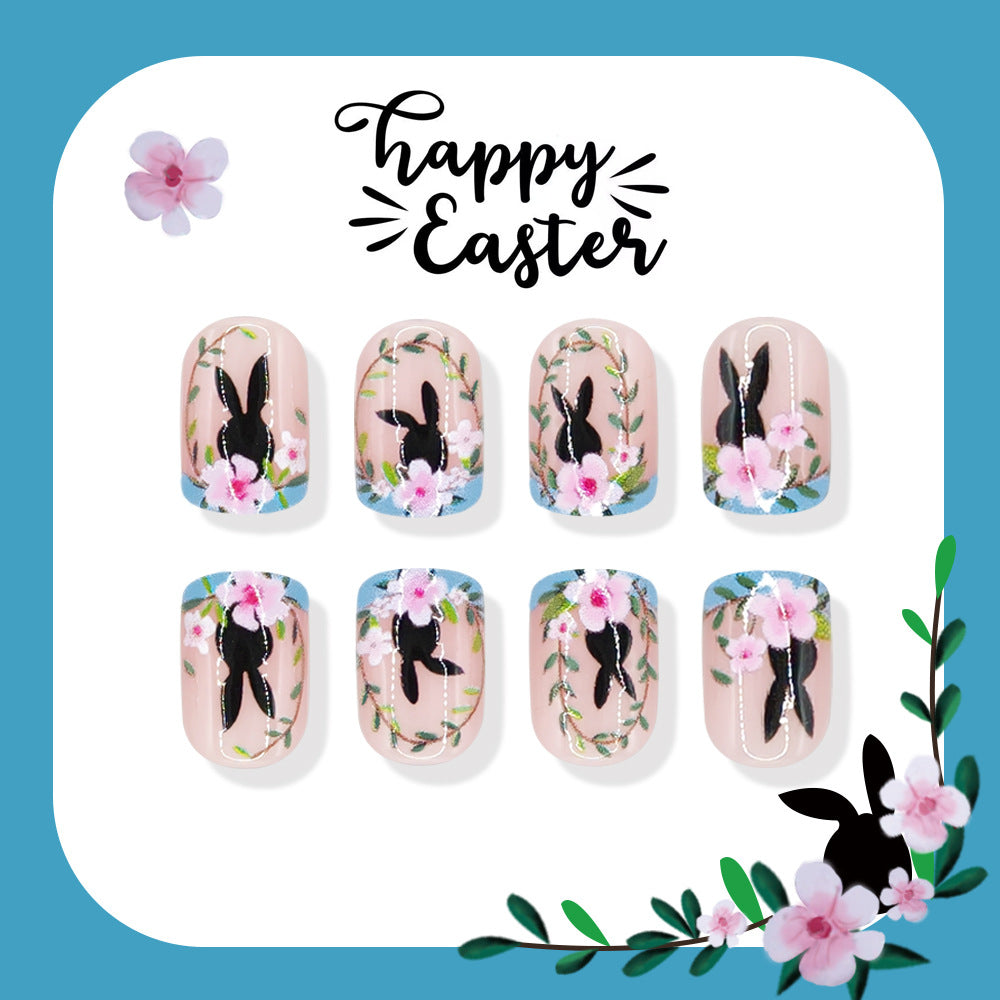 24pcs/Set Floral Bunny Blue French Short Press On Nails