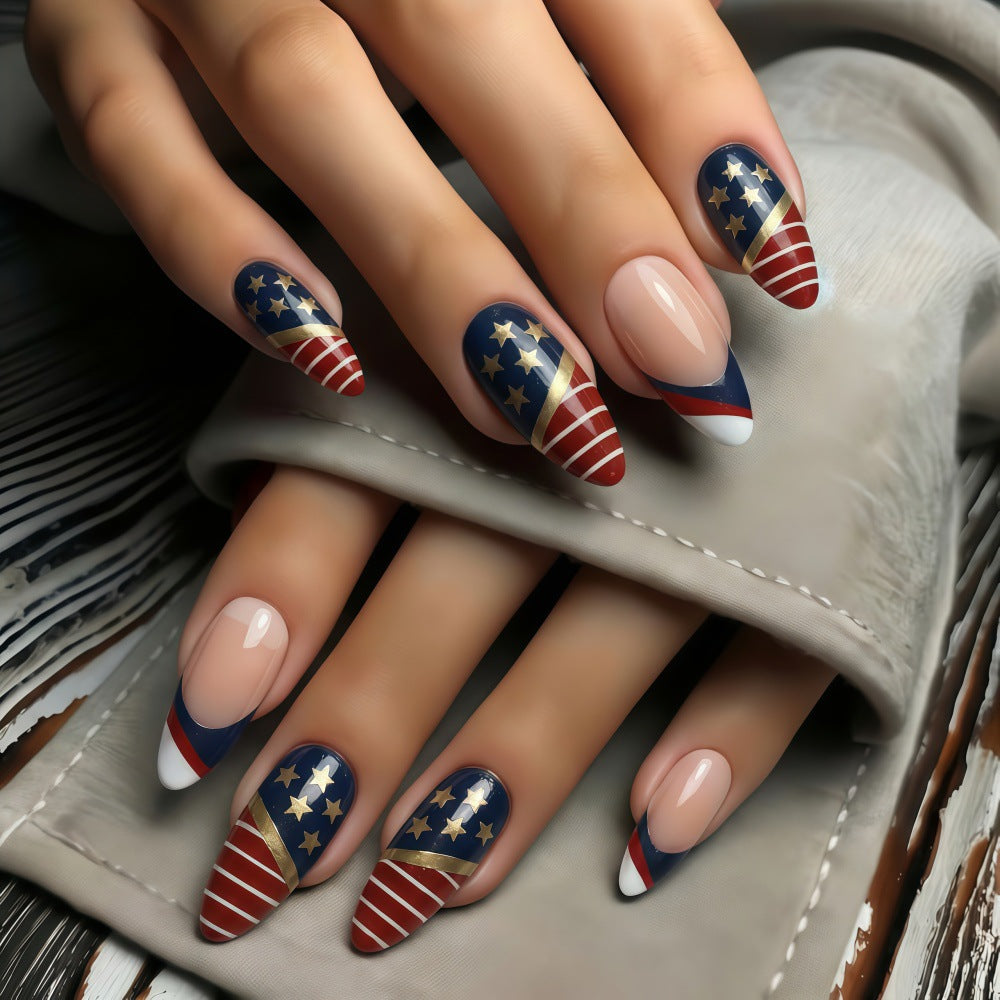 24pcs/Set Red and White Stripes with Gold Stars Press-On Nails