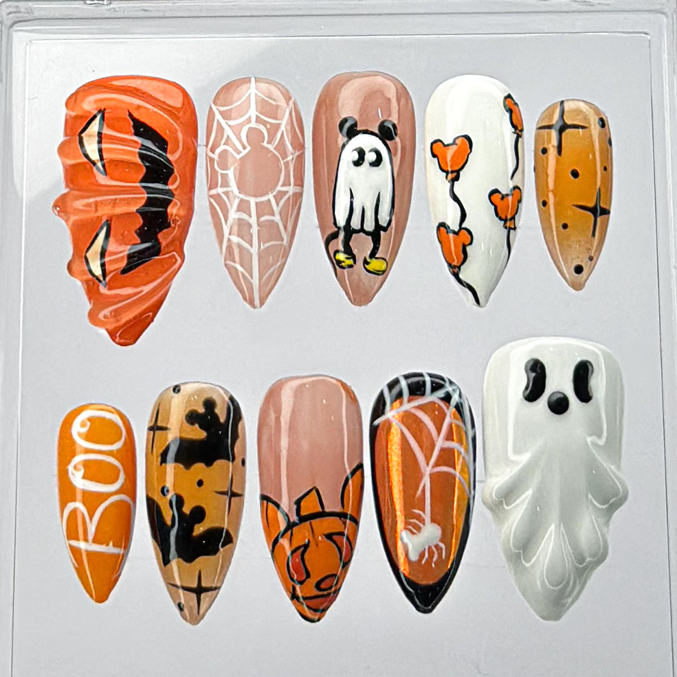 (Handmade) 10pcs/Set Ghost, Pumpkin & Spiderweb Press-On Nails