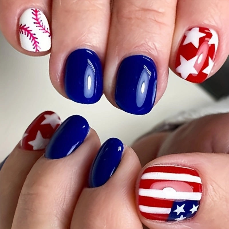 24pcs/Set Red, Blue, and White Stars Short Press-On Nails