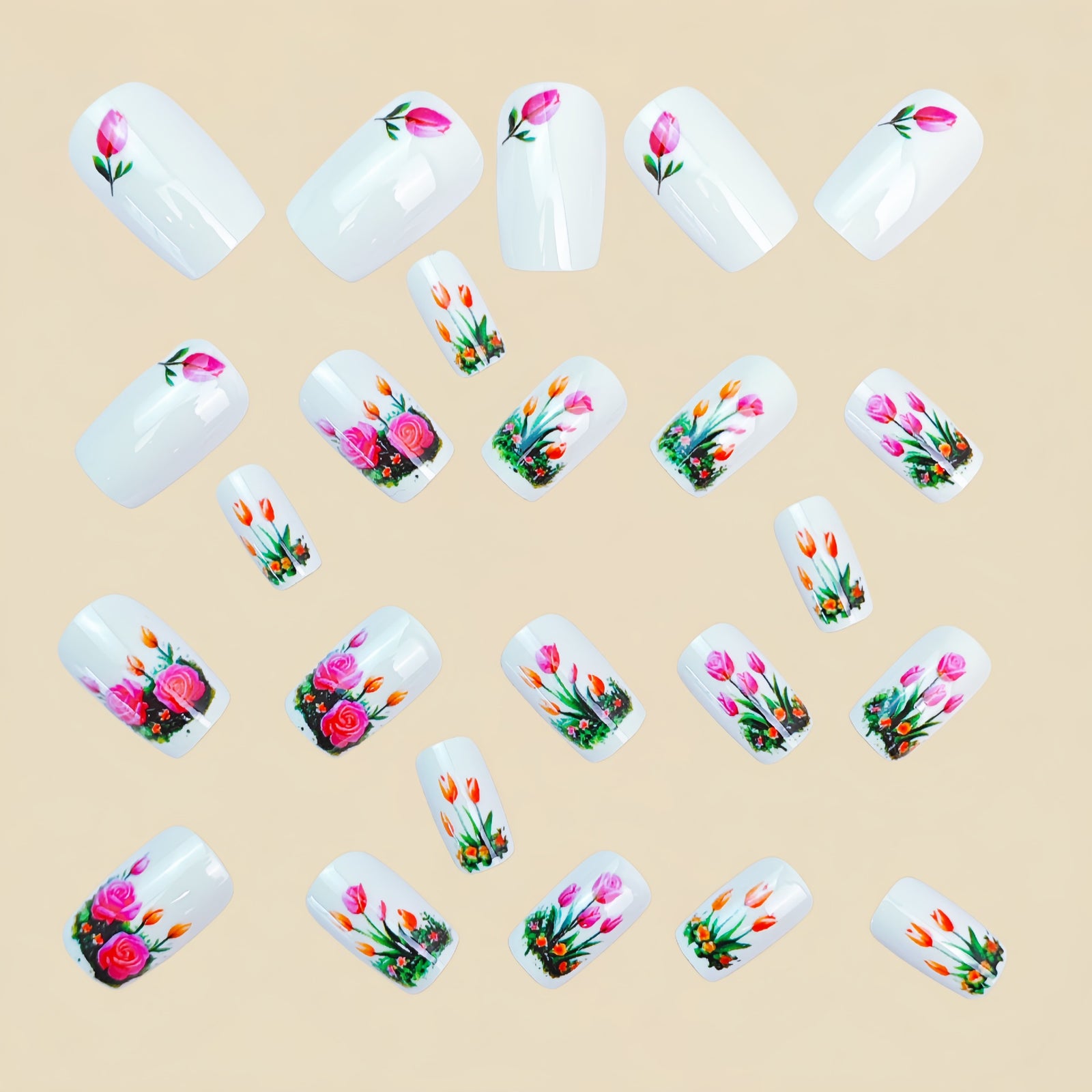 24pcs/Set Tulip And Rose Floral Press-On Nails