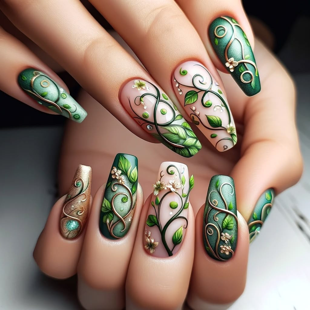 24pcs/Set Green Vines Press-On Nails