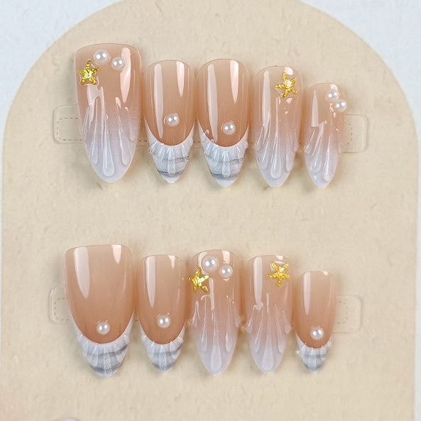 (Handmade) 10pcs/Set 3D French Seashell Press-On Nails