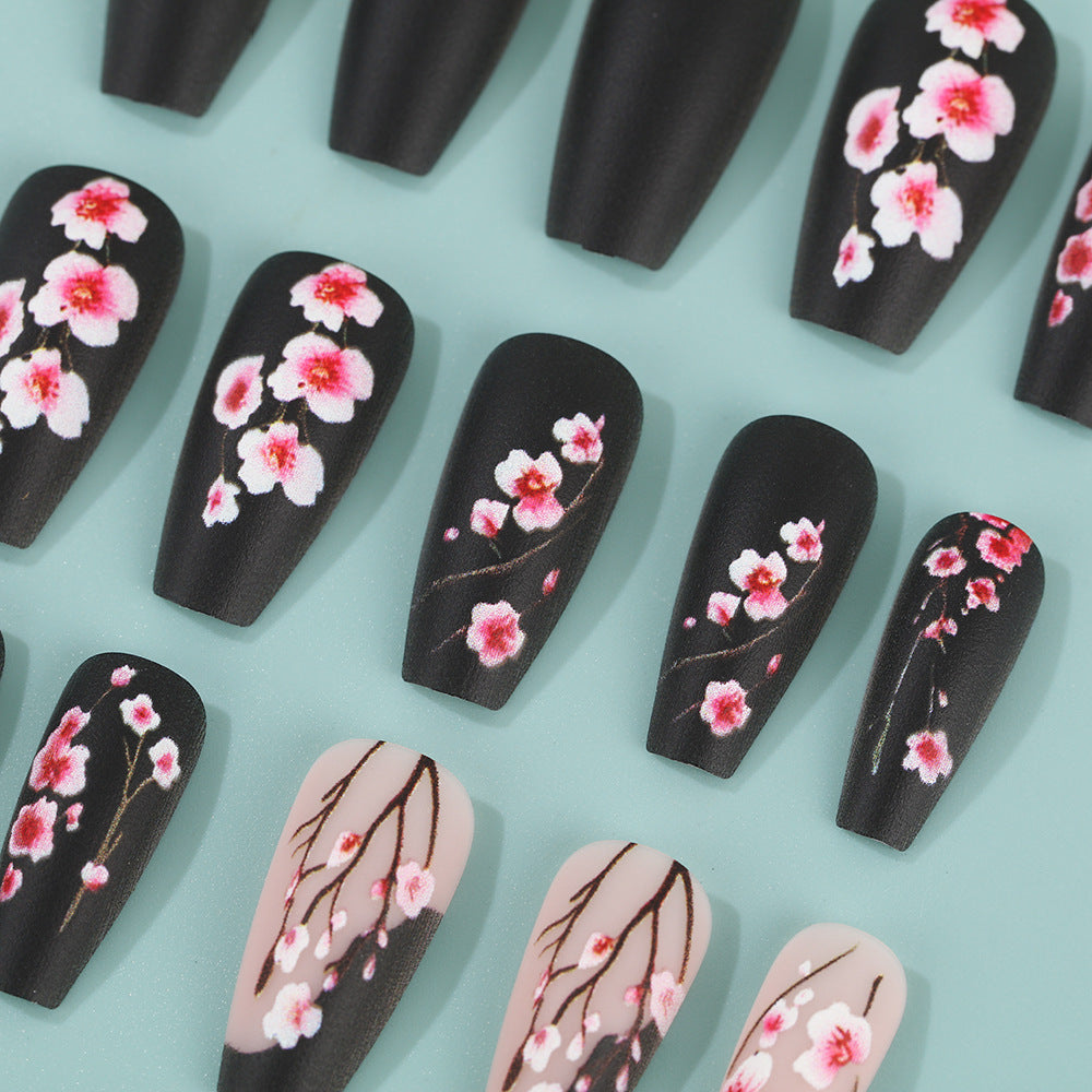 24pcs/Set Matte Black Cherry Blossom Press-On Nails