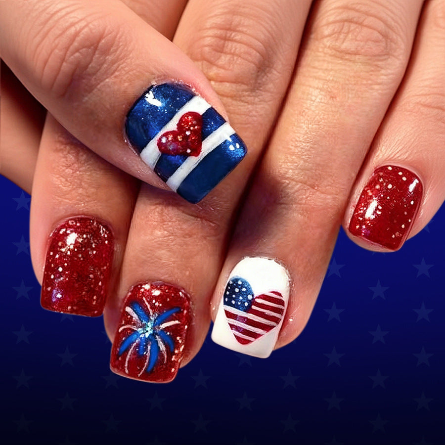 24pcs/Set Glitter Heart American Flag Stripes Press-On Nails
