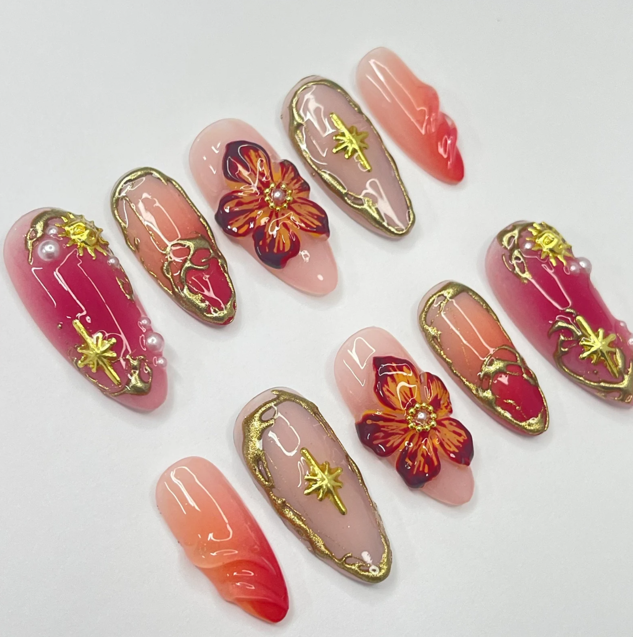 (Handmade) 10pcs/Set 3D Flower French Press-On Nails