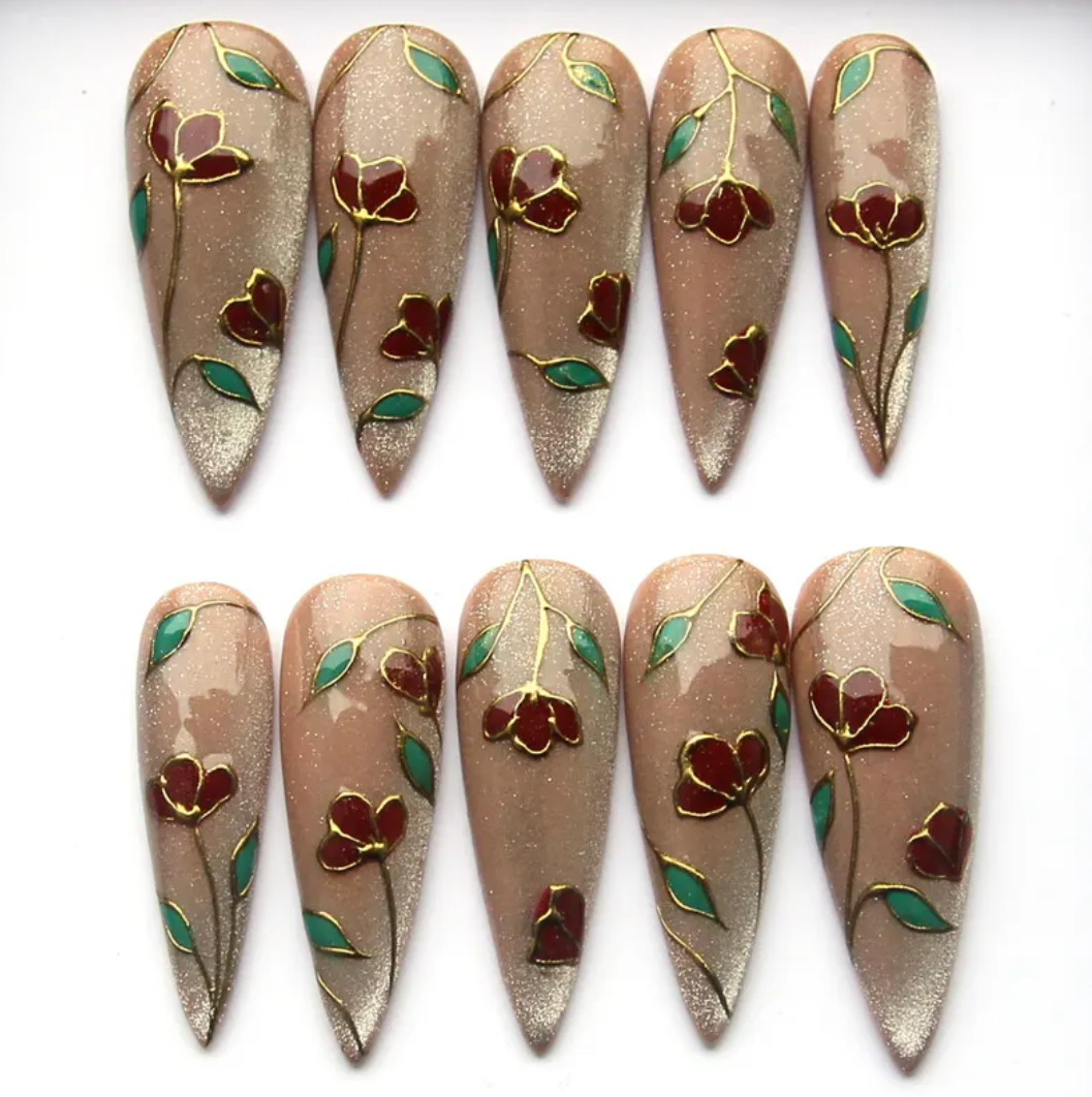 (Handmade) 10pcs/Set Diamond Floral Press-On Nails