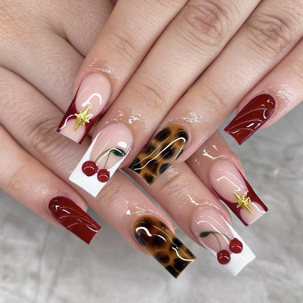 24pcs/Set White French Tip with 3D Cherry Press-On Nails