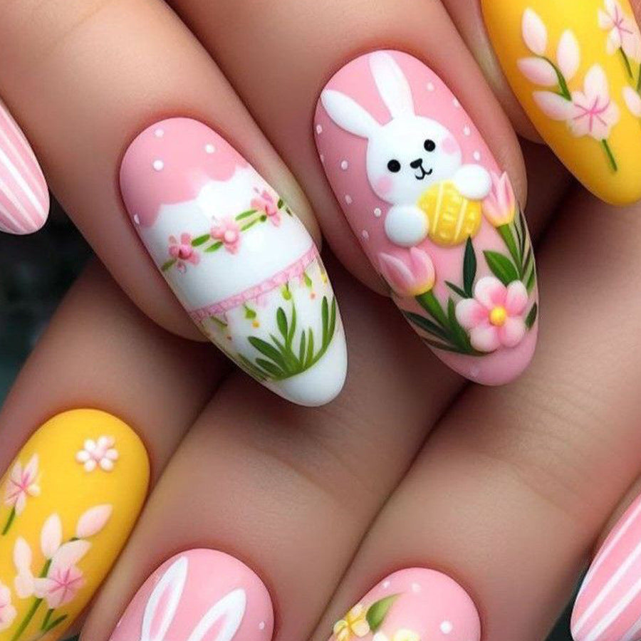 24pcs/Set Easter Forest Style Yellow-Pink Bunny Press-On Nails