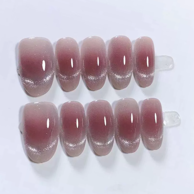 (Handmade) 10pcs/Set Burgundy Gradient French Cat Eye Press-On Nails