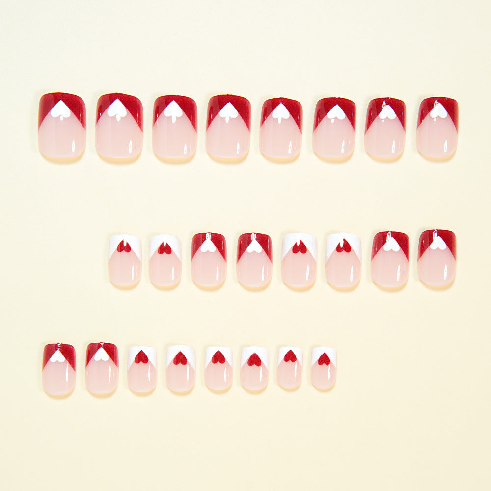 24pcs/Set Burgundy Heart French Short Press On Nails