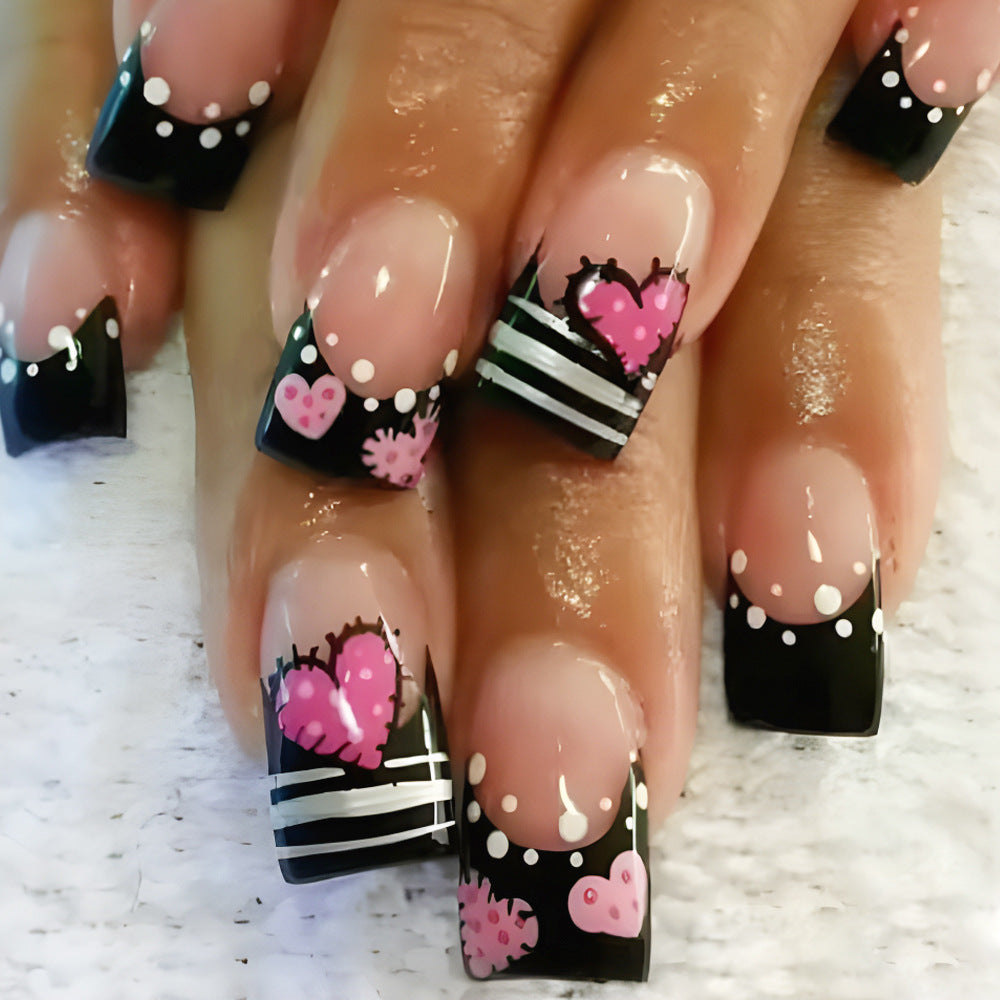24pcs/Set Black French Heart Patch Press-On Nails