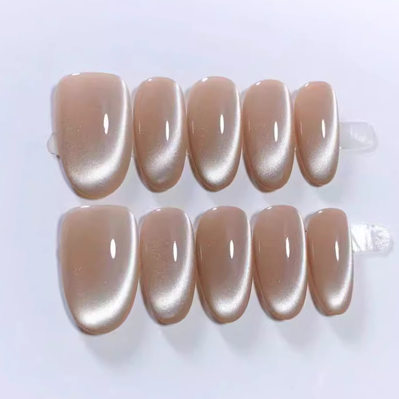 (Handmade) 10pcs/Set Nude Pink Glossy Cat Eye Press-On Nails