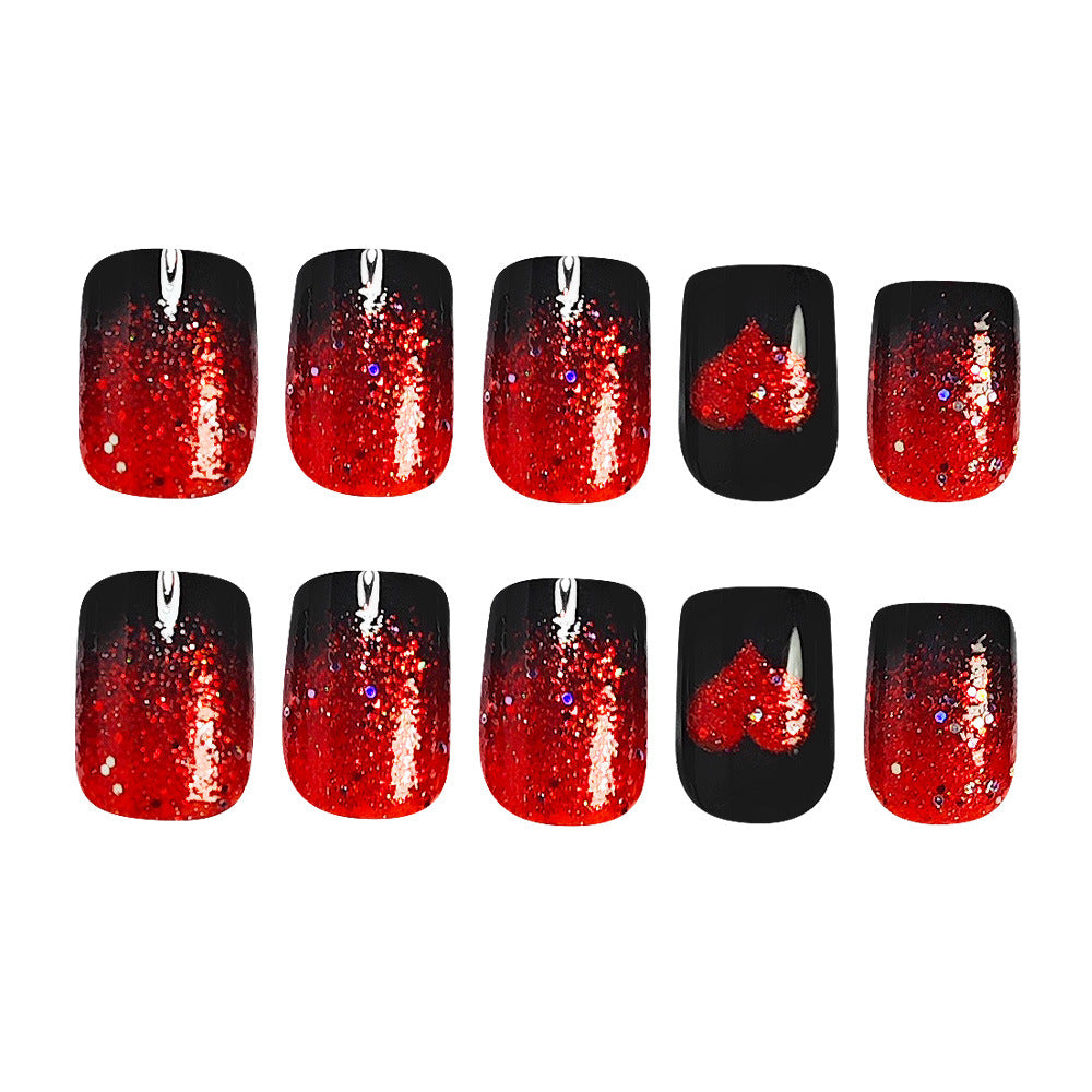 24pcs/Set Red Glitter Sparkle Heart Short Press On Nails