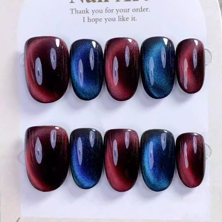 (Handmade) 10pcs/Set Burgundy and Sapphire Cat Eye Press-On Nails