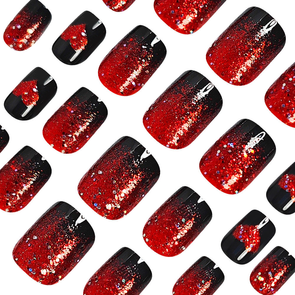 24pcs/Set Red Glitter Sparkle Heart Short Press On Nails