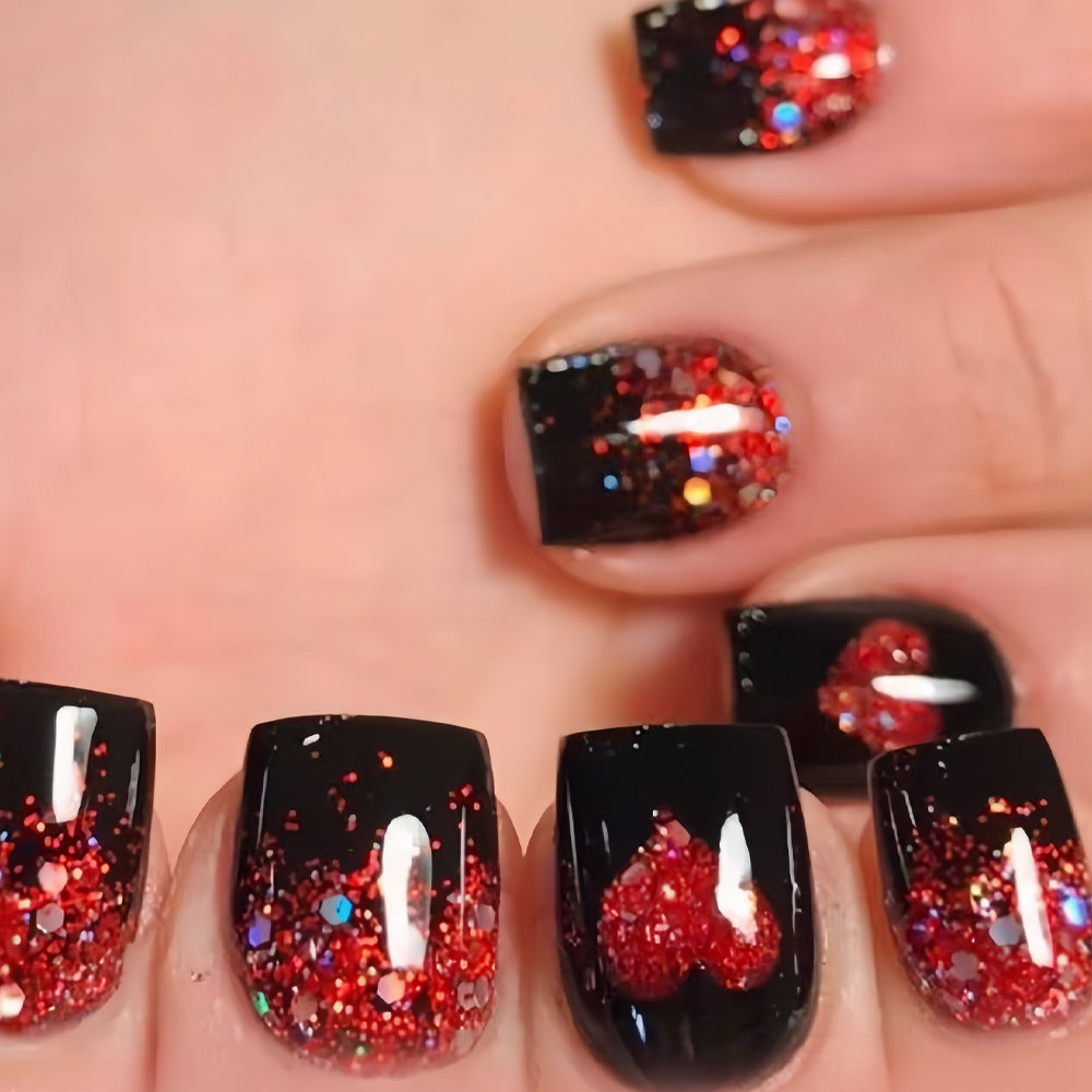 24pcs/Set Red Glitter Sparkle Heart Short Press On Nails