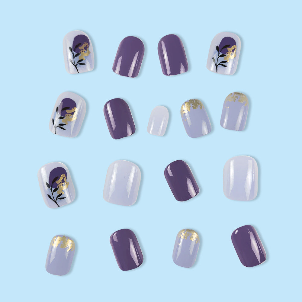 24pcs/Set Purple Taro Shimmering Gold Foliage Press-On Nails