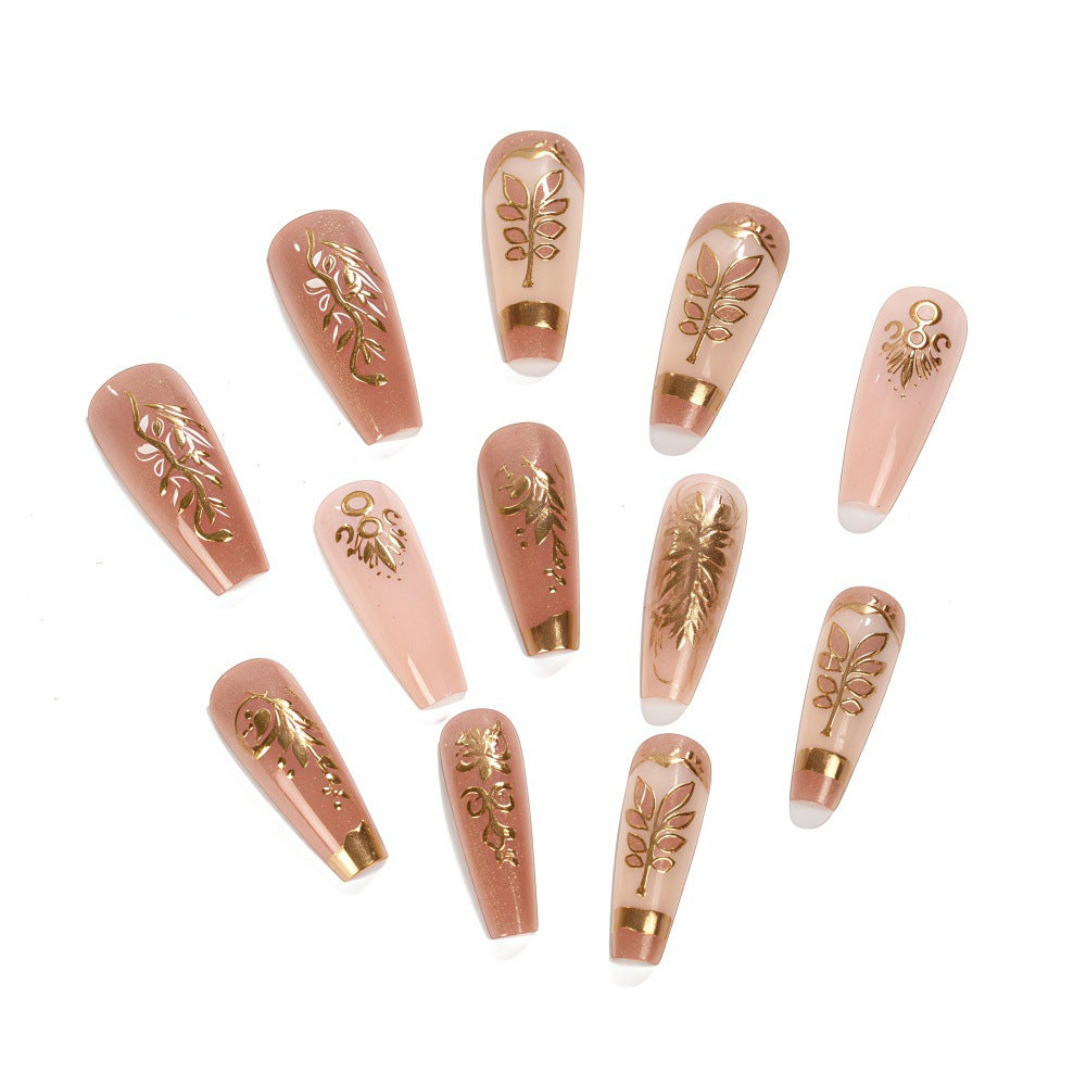 24pcs/Set Pink 3D Gold Leaf Press-On Nails