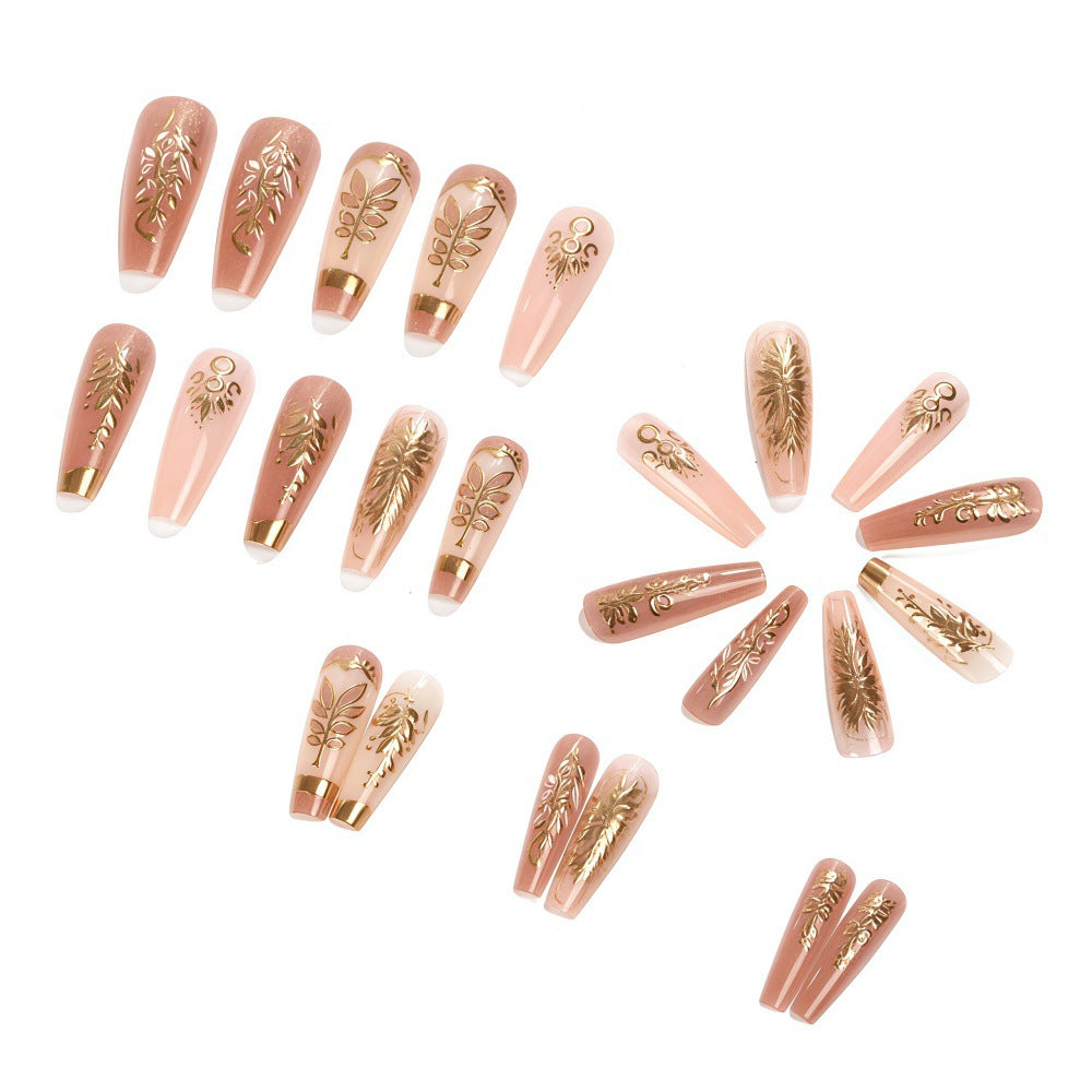 24pcs/Set Pink 3D Gold Leaf Press-On Nails