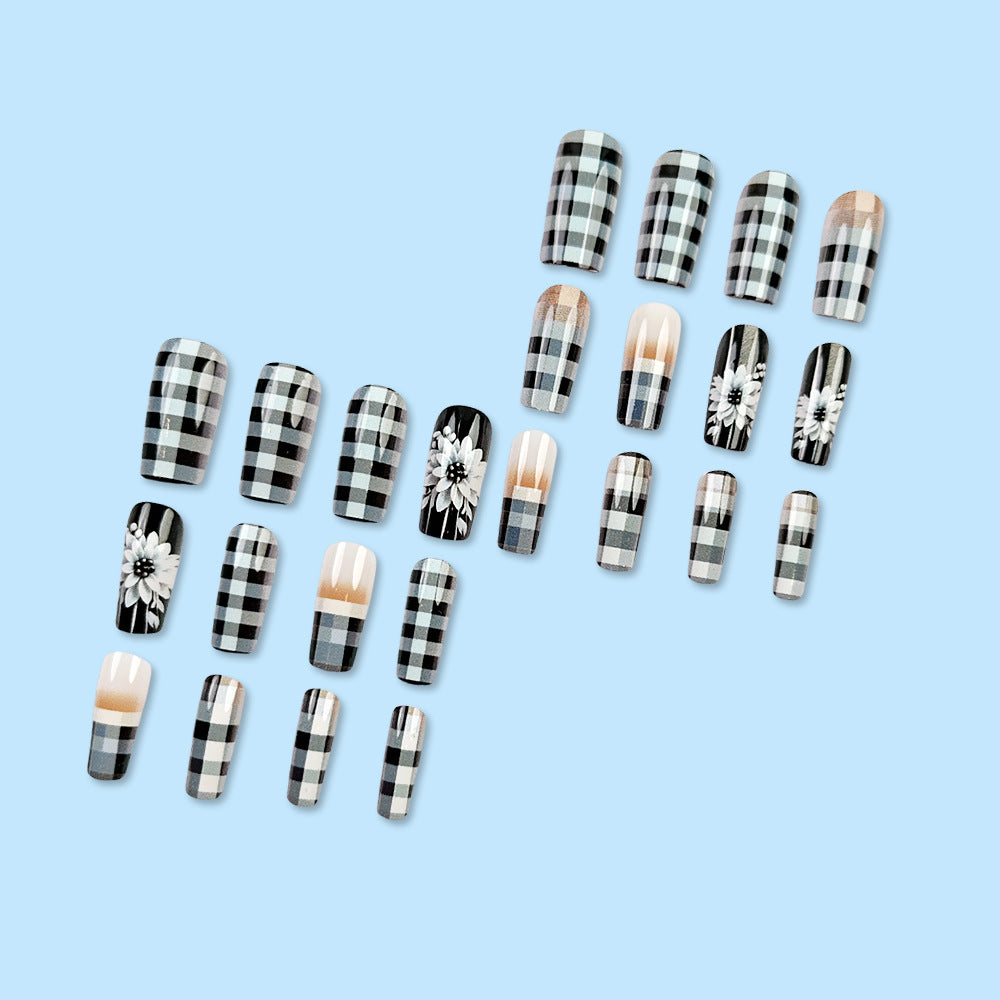 24pcs/Set Plaid Houndstooth with Floral Press-On Nails