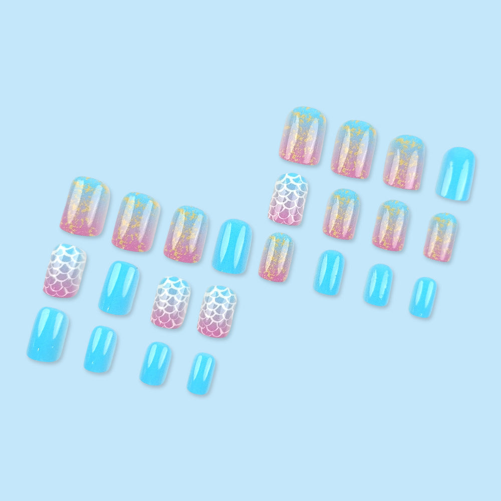 24pcs/Set Blue Scale Texture Short Press On Nails