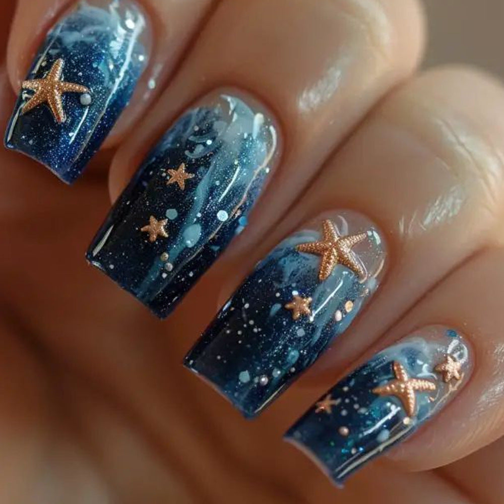 24pcs/Set Blue Ocean Embossed Starfish Press-On Nails