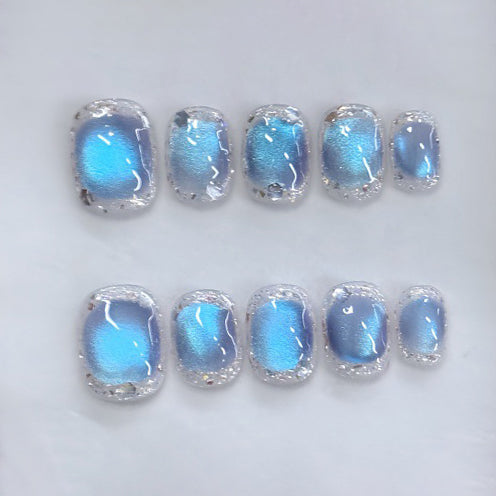 (Handmade) 10pcs/Set Sapphire Glass Bead Cat Eye Glitter Short Press-On Nails