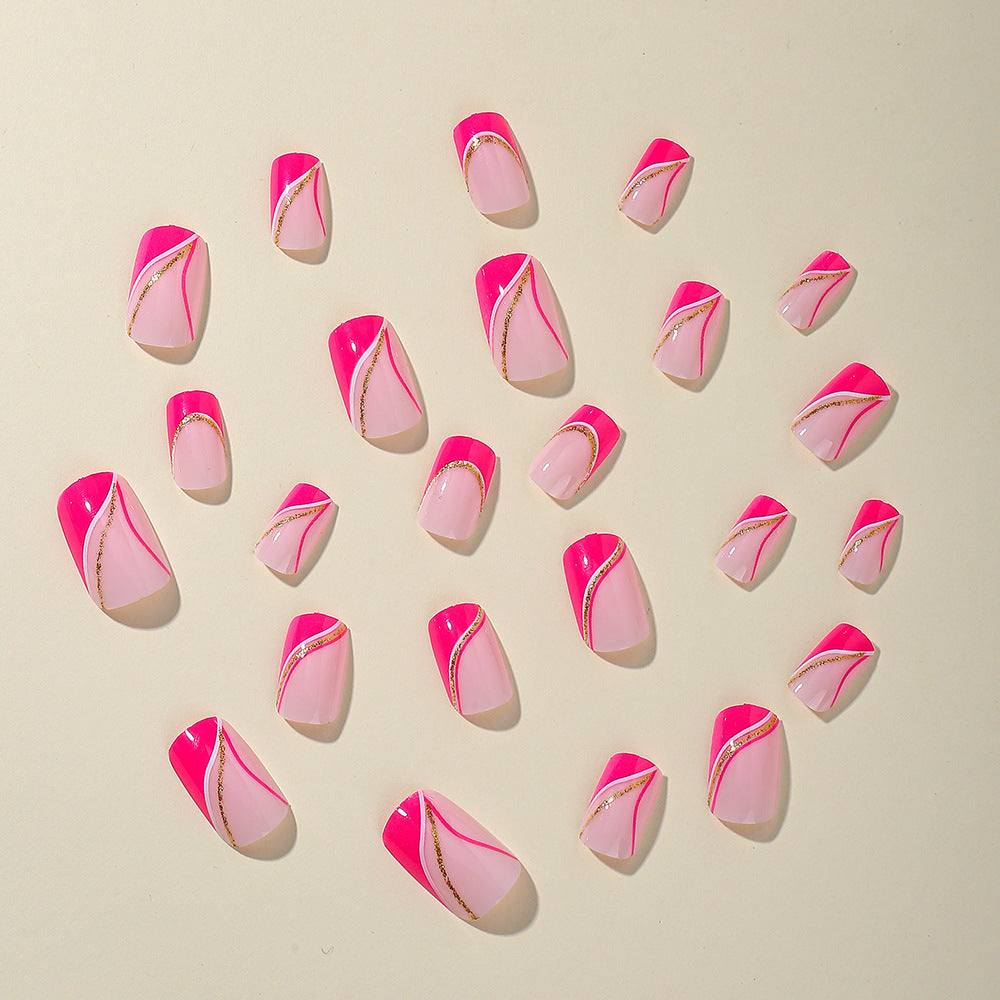 24pcs/Set Glitter Line Hot Pink French Press-On Nails
