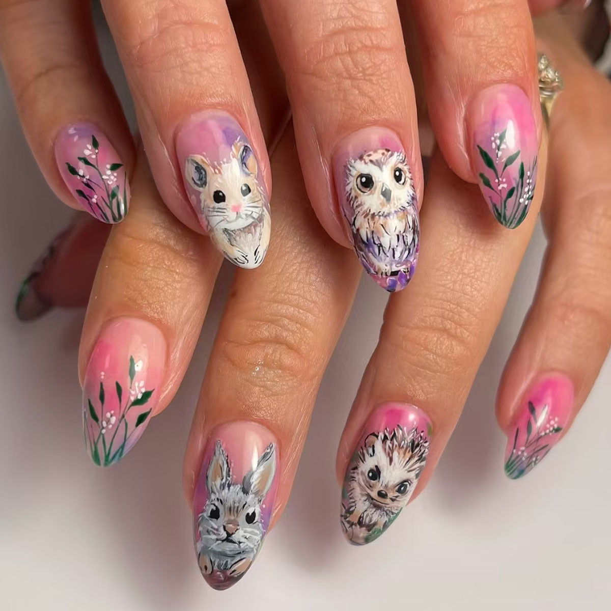 24pcs/Set Pink Gradient Wildflower Bunny & Owl Press-On Nails