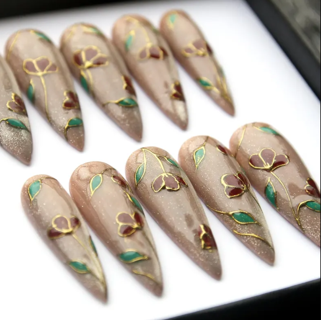 (Handmade) 10pcs/Set Diamond Floral Press-On Nails