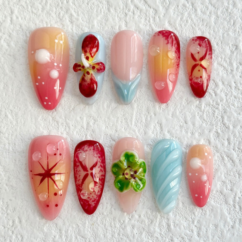 (Handmade) 10pcs/Set Flowers Press-On Nails