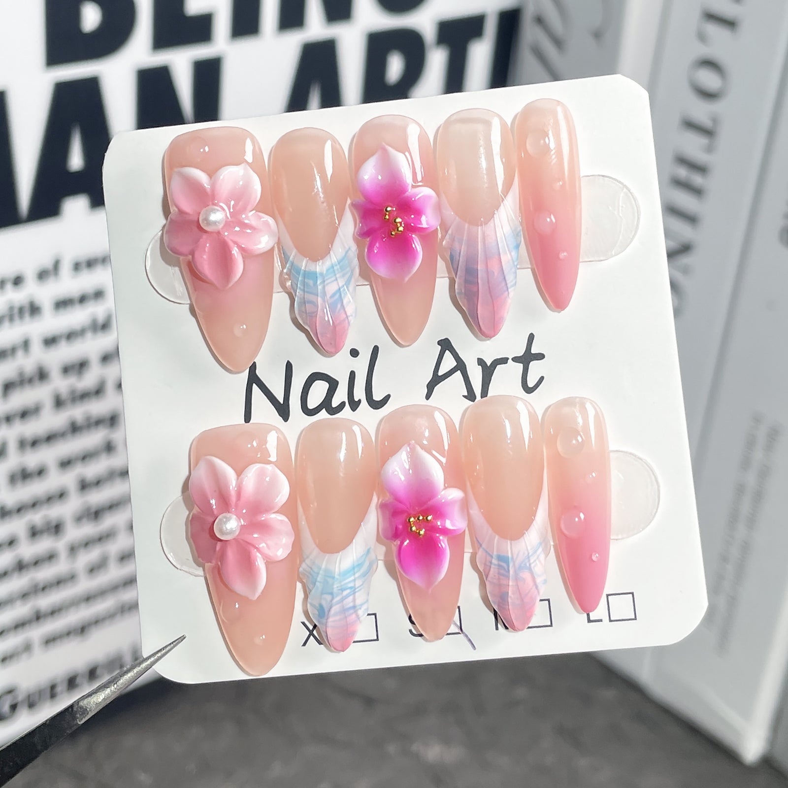 (Handmade) 10pcs/Set French 3D Floral Press-On Nails