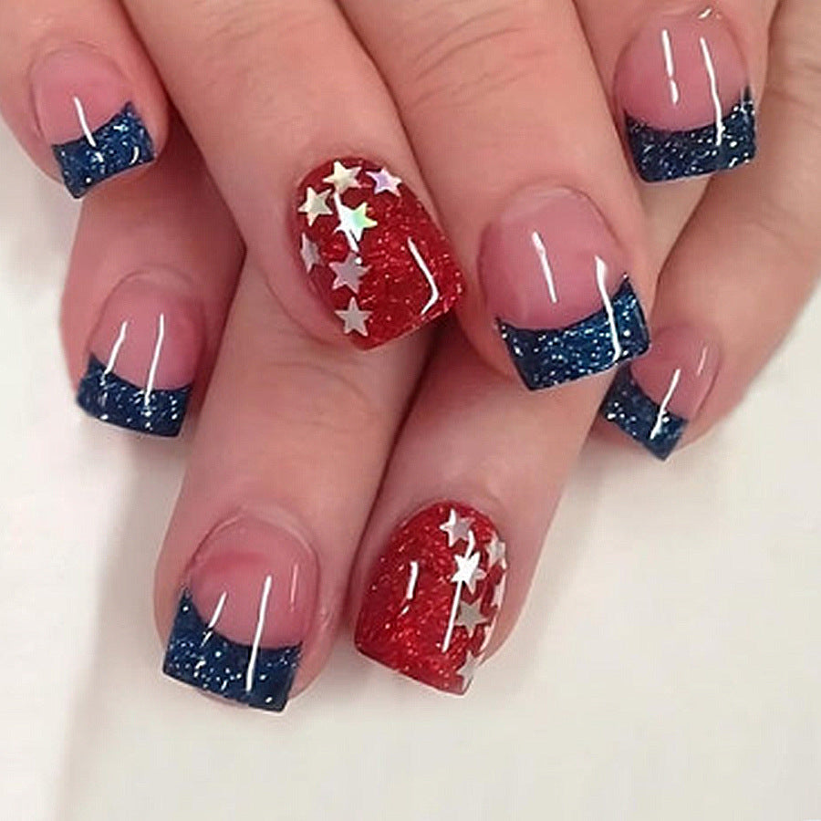 24pcs/Set Red and Blue Star French Glitter Press-On Nails