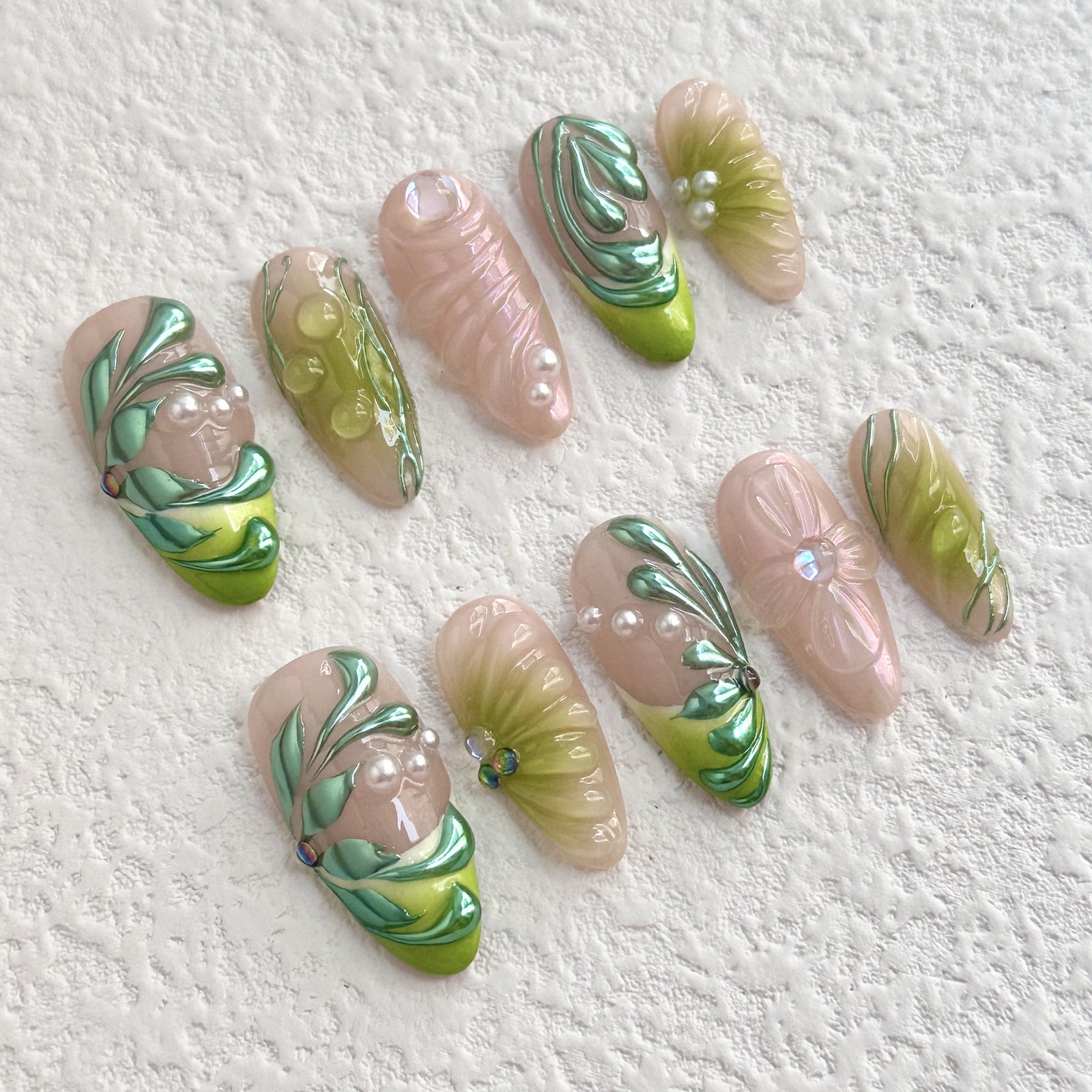 (Handmade) 10pcs/Set 3D Green Vines Press-On Nails