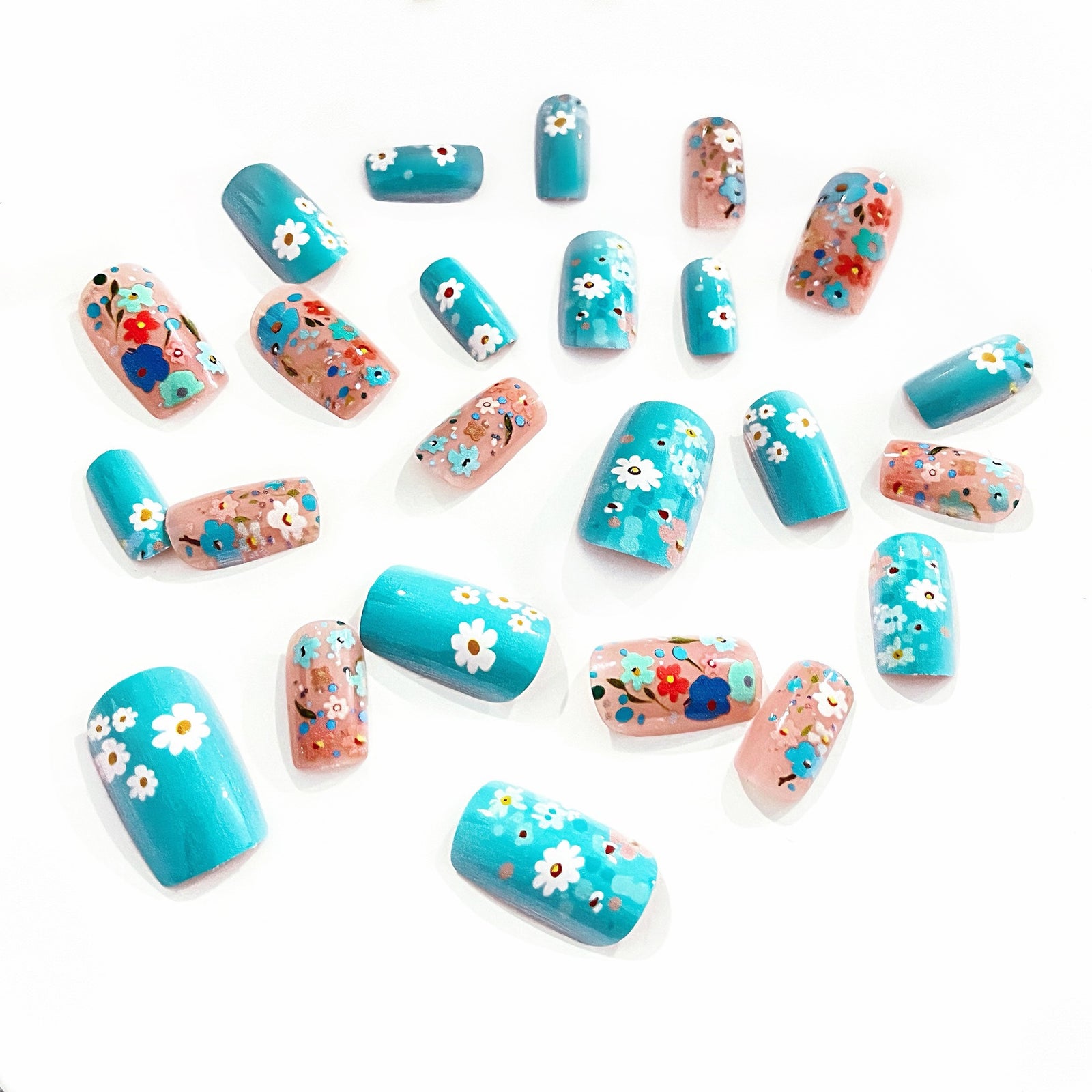 24pcs/Set Spring Sky Blue Flower Press-On Nails