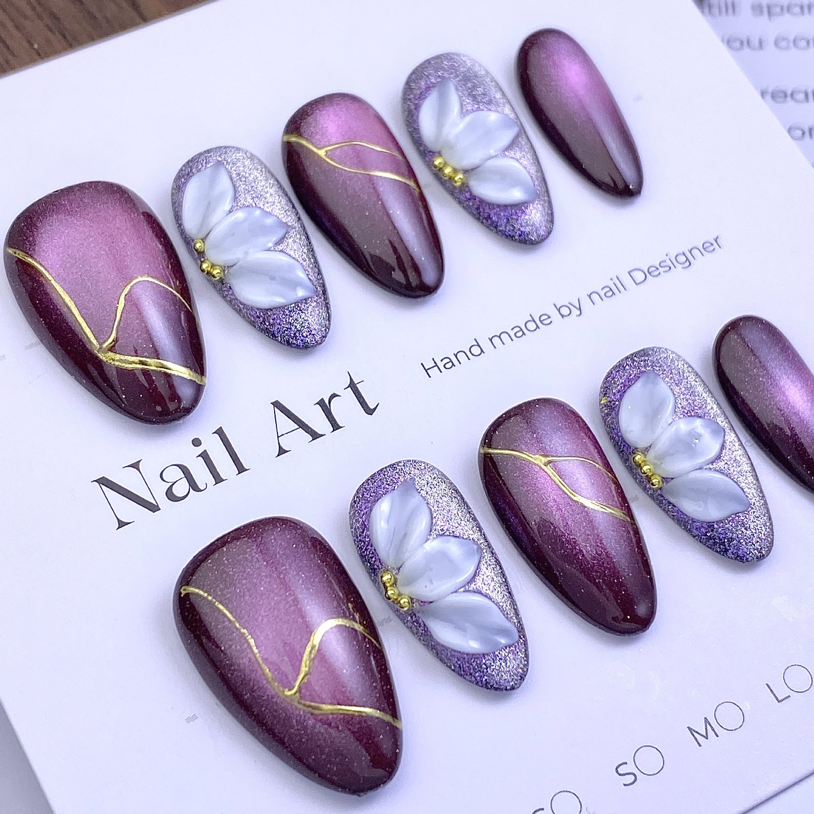 (Handmade) 10pcs/Set Gold Thread Line Purple Cat Eye Press-On Nails