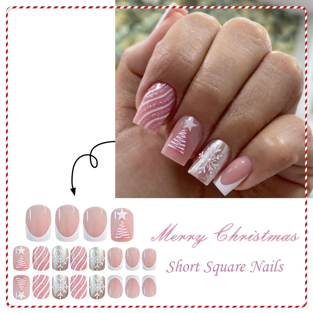 24pcs/Set Christmas French Pink Tree Press On Nails
