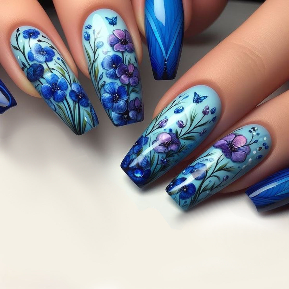 24pcs/Set Ice Blue Iris Butterfly Press-On Nails