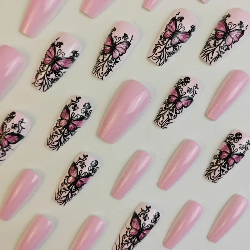 24pcs/Set Shades of Pink Butterflies Press-On Nails